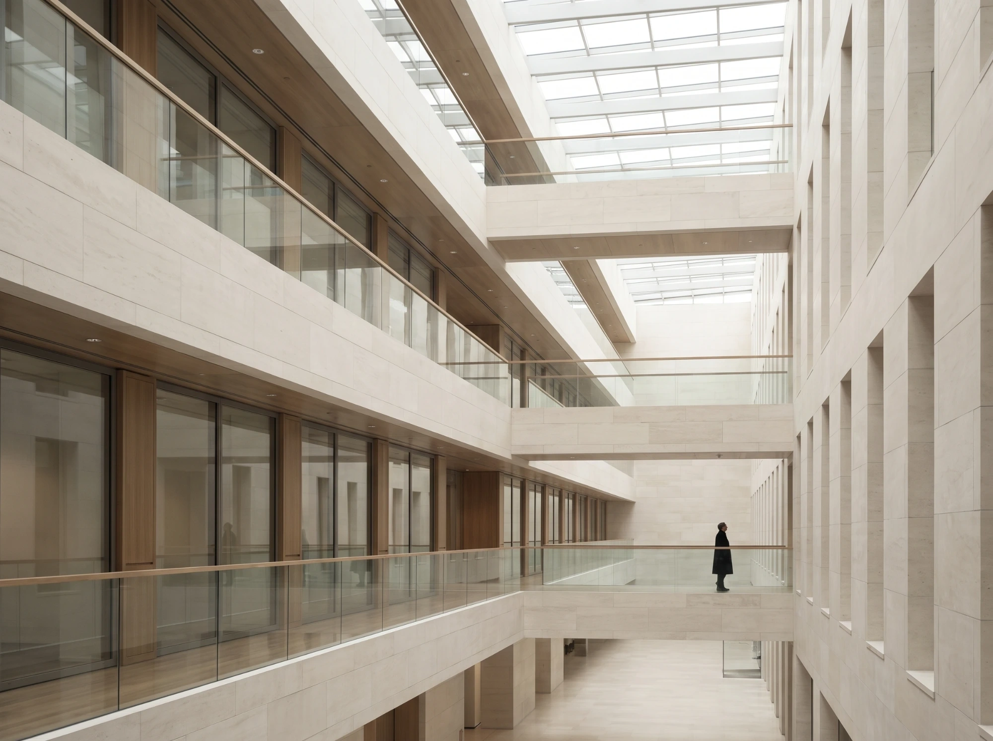 Skylit limestone atrium of a financial institution, balcony levels receding into soft daylight